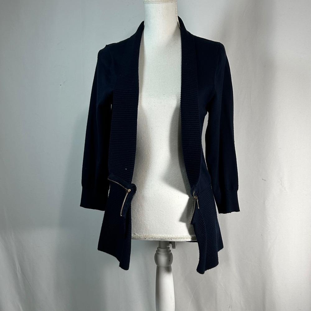 Navy Blue Open Front‎ Cardigan with Gold Zipper Detail Women's Size M